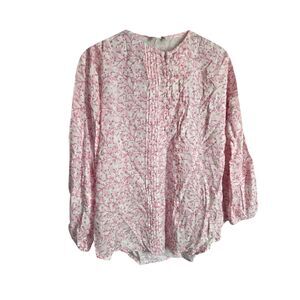 Lucky Brand Pink Floral Vines Pleated Henley Blouse Long Sleeve Size M